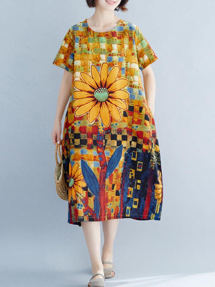 Contrast Color Floral Print O-neck Short Sleeve Pocket Midi Dress - Trendha