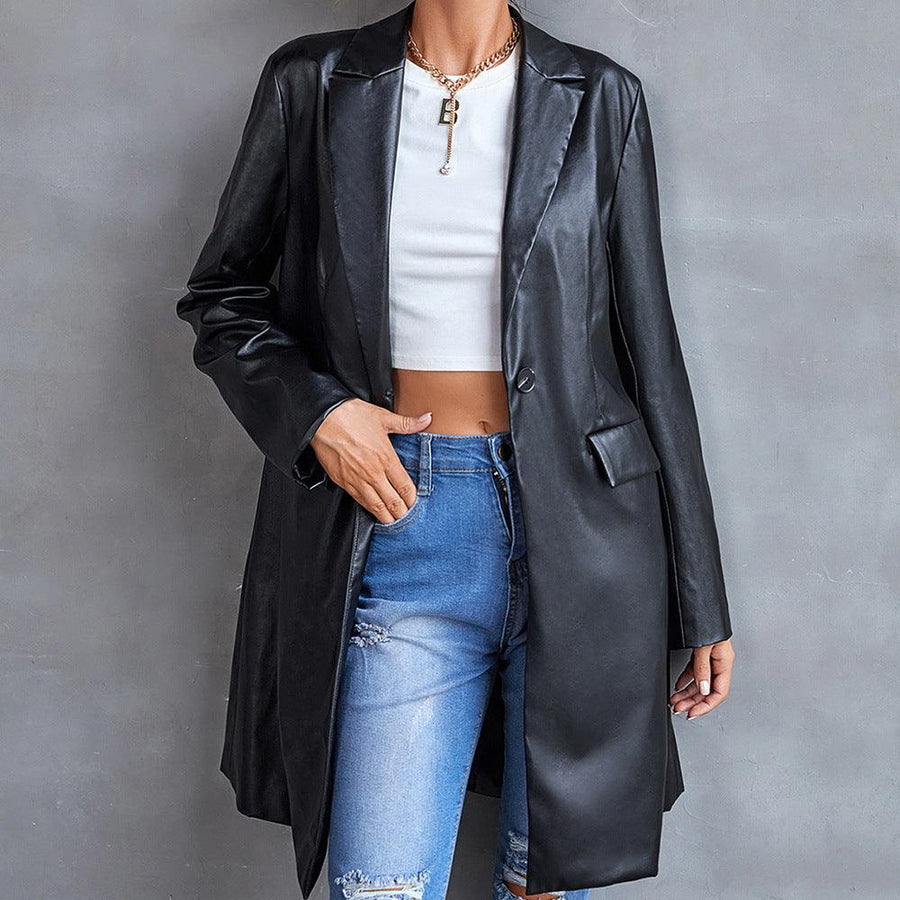 Women's Leather Slim Long-sleeved Windbreaker Blazer Top - Trendha