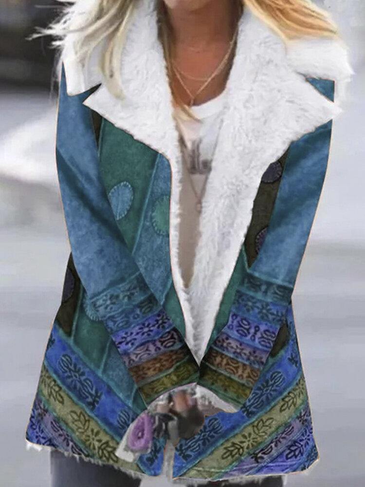 Women Ethnic Print Lapel Fleece Lined Thick Casual Coat - Trendha