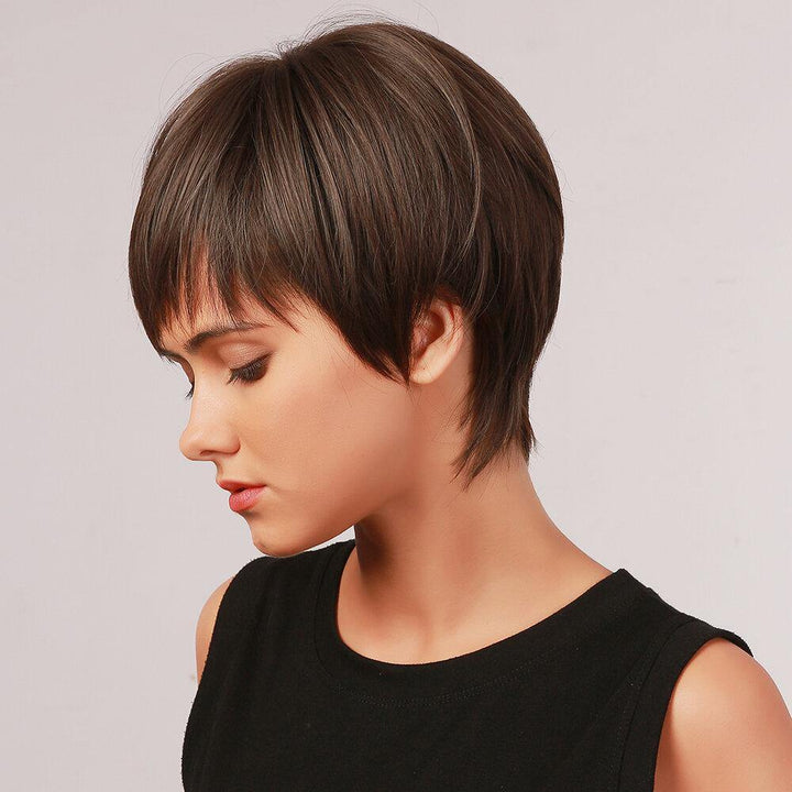 9 Inch Dark Brown Short Straight Hair Breathable Bangs High Temperature Fiber Wig - Trendha