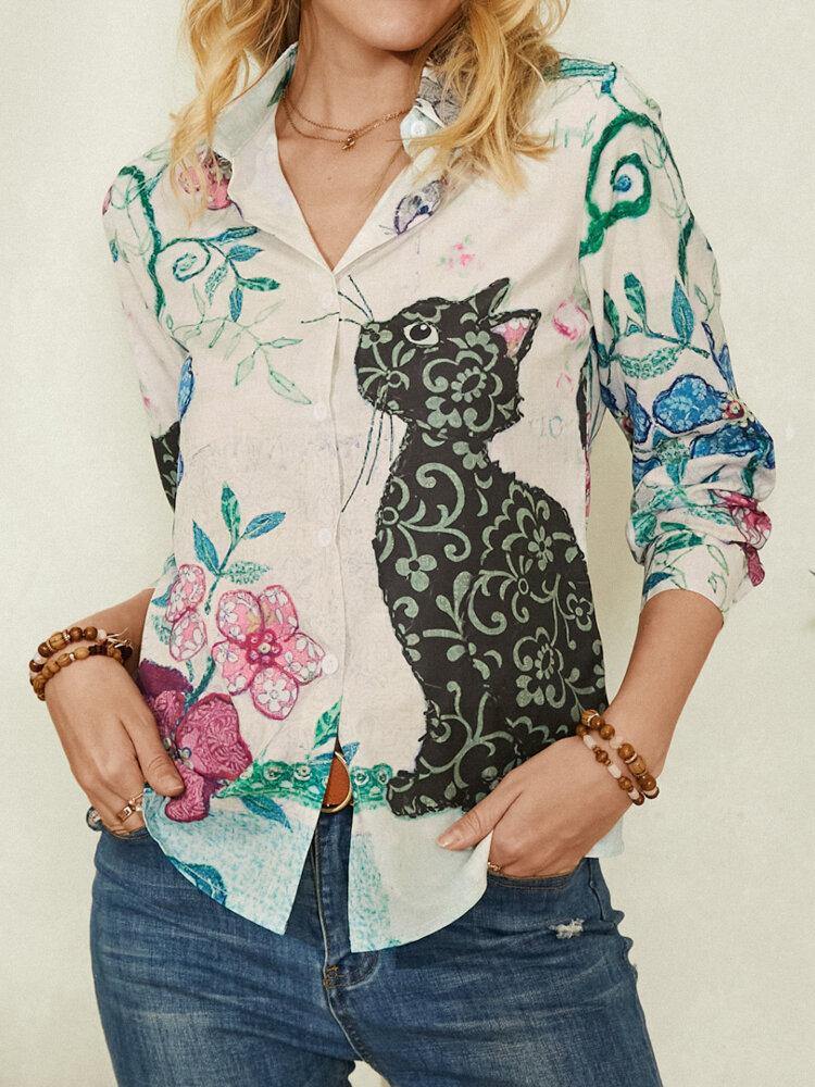 Women Cute Cat Print Long Sleeve Lapel Casual Shirt - Trendha