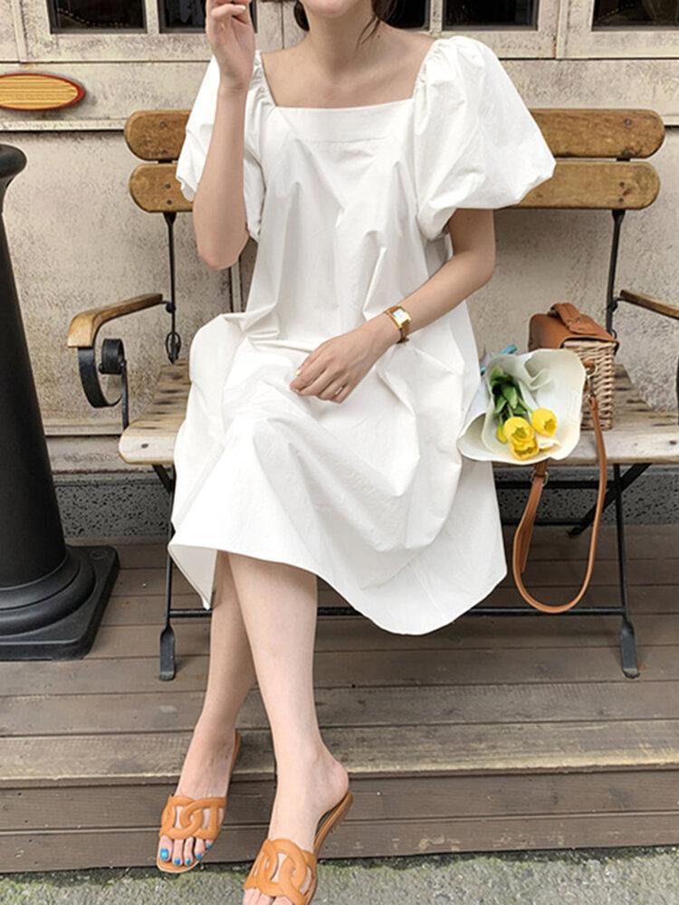 Puff Sleeve Square Collar Plain Solid Color Casual Midi Dress With Pocket - Trendha
