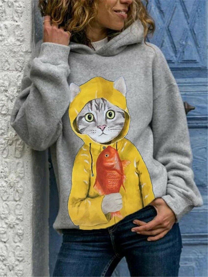 Women Cute Cartoon Cat Graphic Print Long Sleeve Casual Pullover Hoodie - Trendha