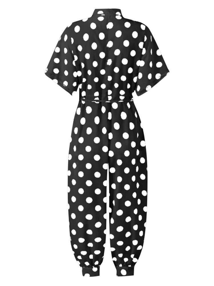 Casual Polka Dot Print Lapel Short Sleeve Button Belted Pocket Jumpsuits For Women - Trendha