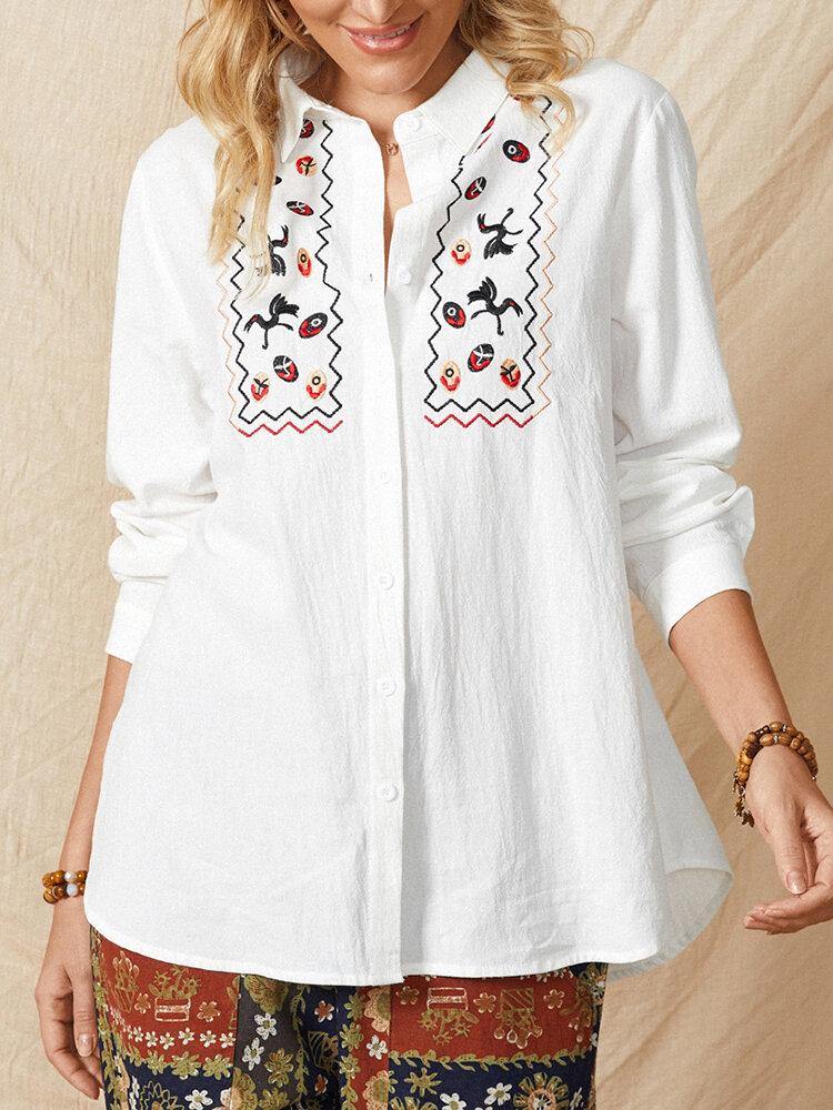 Women White Lapel Ethnic Embroidery Daily Casual Long Sleeve Shirts - Trendha