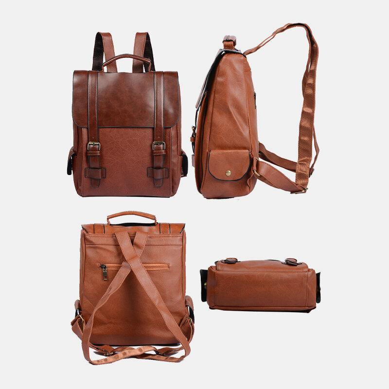 Men Faux Leather Retro Business Outdoor Waterproof Large Capacity School Bag Backpack - Trendha