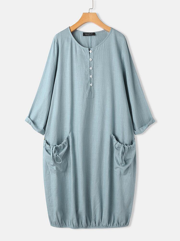 Women Solid Color Half Button Long Sleeve Dress With Drawstring Pocket - Trendha