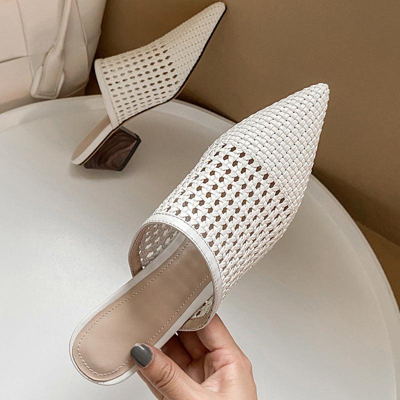 White Hollow Woven Baotou Half Slippers Female Summer Wear Pointed Muller Sandals - Trendha