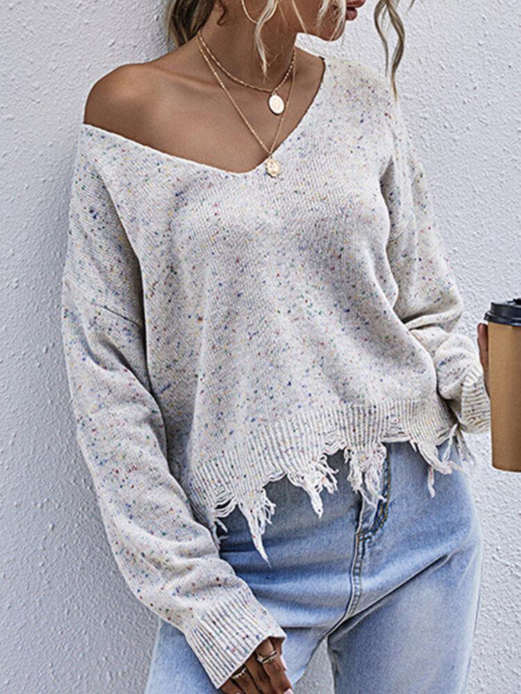 Women Scoop Knit Tassel Hem Casual Long Sleeve Sweaters - Trendha