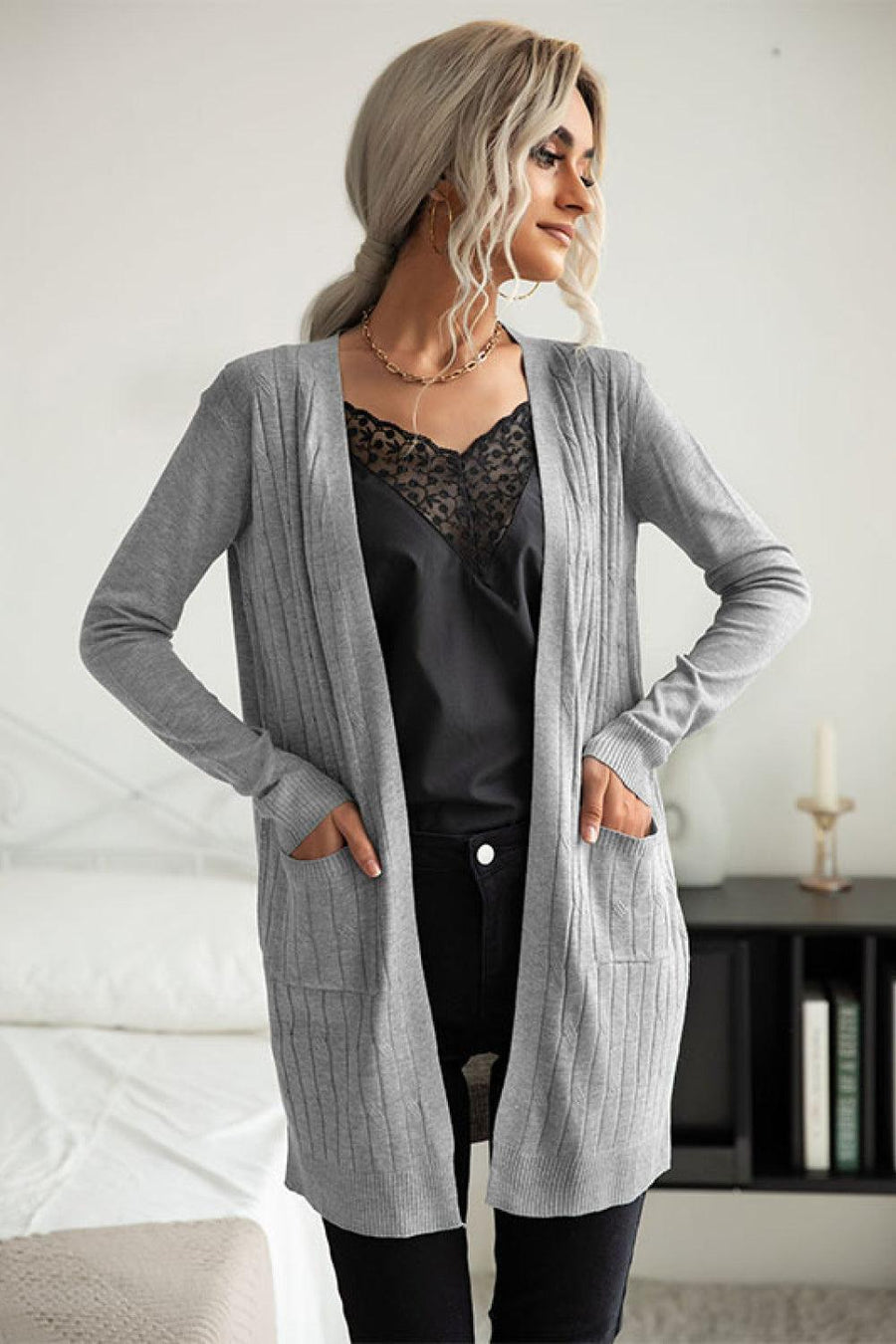 Ribbed Longline Open Front Cardigan - Trendha