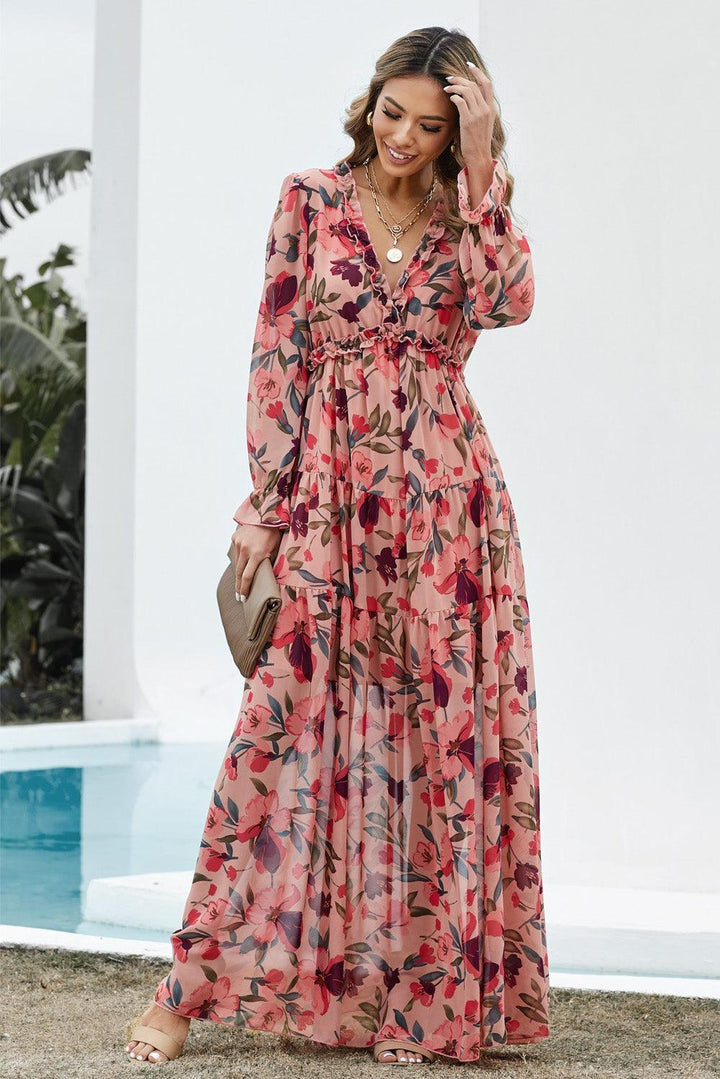 Floral Frill Trim Flounce Sleeve Plunge Maxi Dress - Trendha
