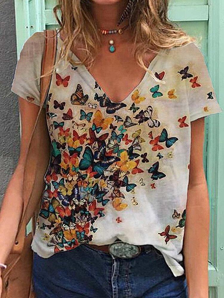 Women Butterfly Print V-neck Summer Short Sleeve Loose Casual T-shirts - Trendha