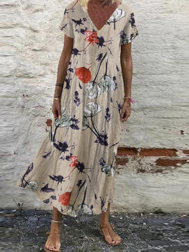Women V-Neck Floral Printed Bohemian Leisure Casual Loose Dress - Trendha