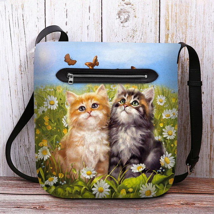 Women Felt Country Style Cartoon Cats Print Personality Crossbody Bag Shoulder Bag - Trendha
