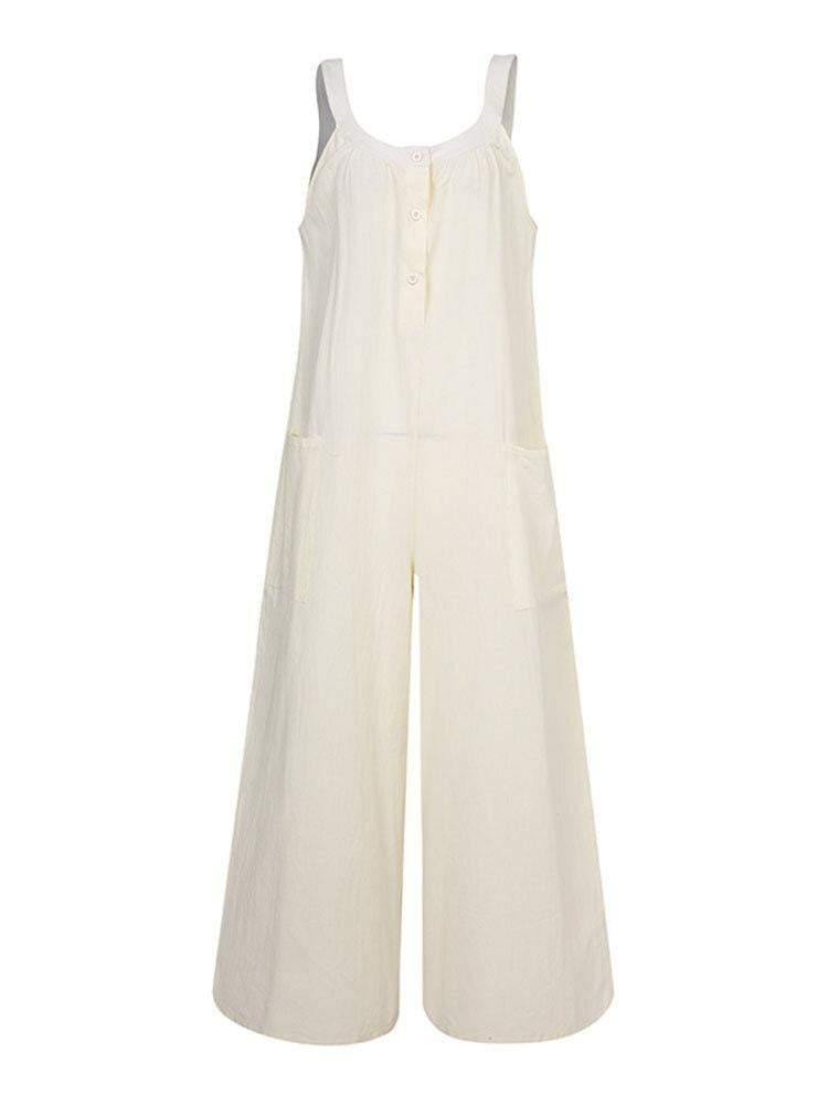 Solid Color Button Pocket Strap Sleeveless Loose Casual Jumpsuit - Trendha