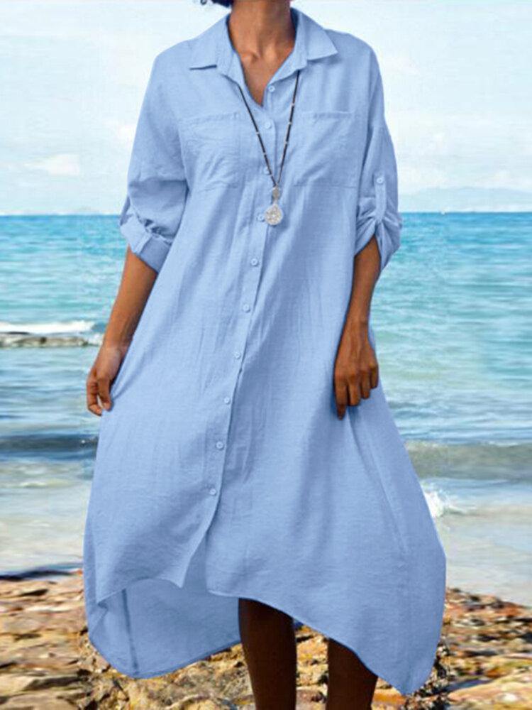 Women Cotton Lapel Collar Solid Color High-low Hem Casual Shirt Dress - Trendha