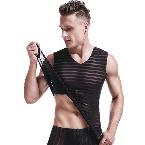 Sexy Men's Semitransparent Vest Thin Silk Seamless O-Neck Undershirt Tight Sleeveless Tops - Trendha