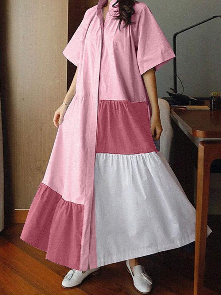 Women Contrast Color Stitching Stand Collar Button Short Sleeve Shirt Dress - Trendha