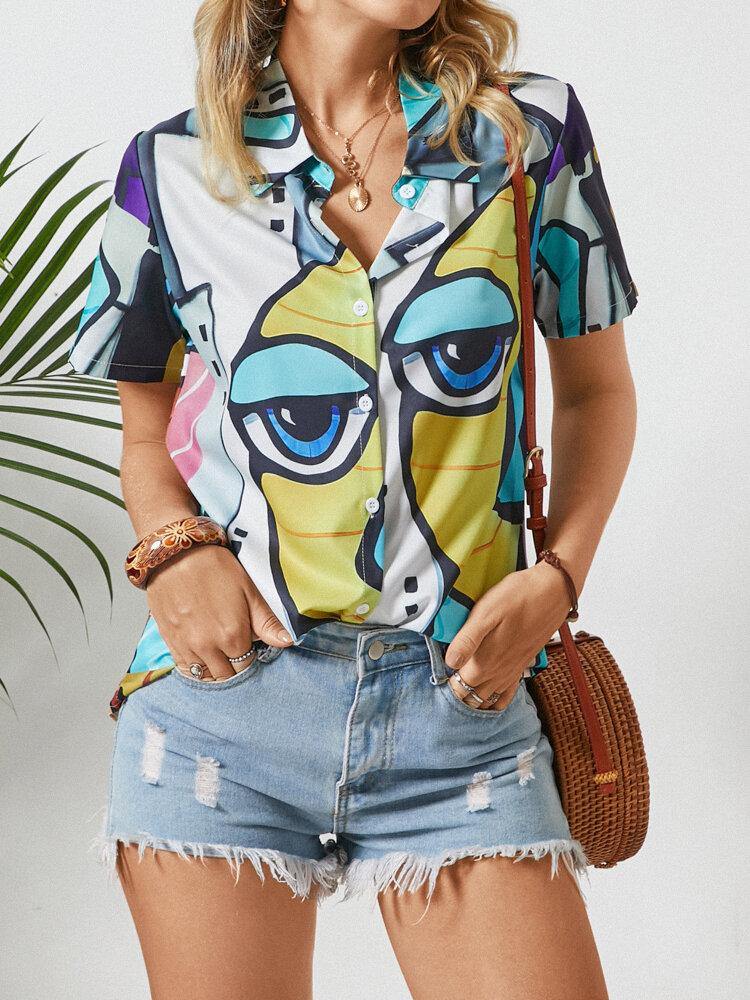 Abstract Pattern Print Lapel Short Sleeve Button Blouse For Women - Trendha