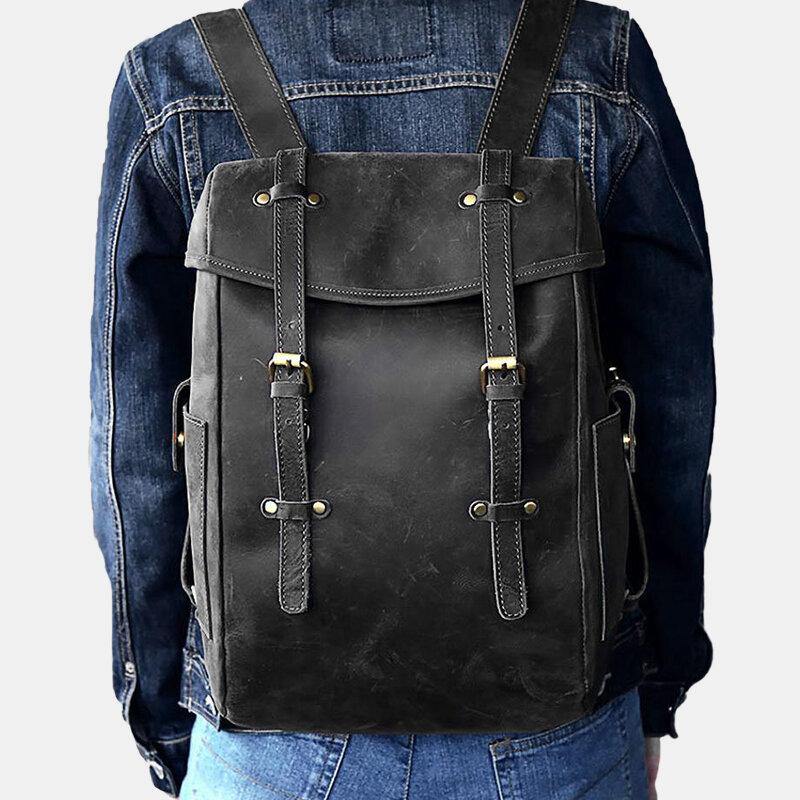 Men PU Leather Contrast Color Vintage Business Outdoor Large Capacity 14 Inch Laptop Bag Backpack - Trendha