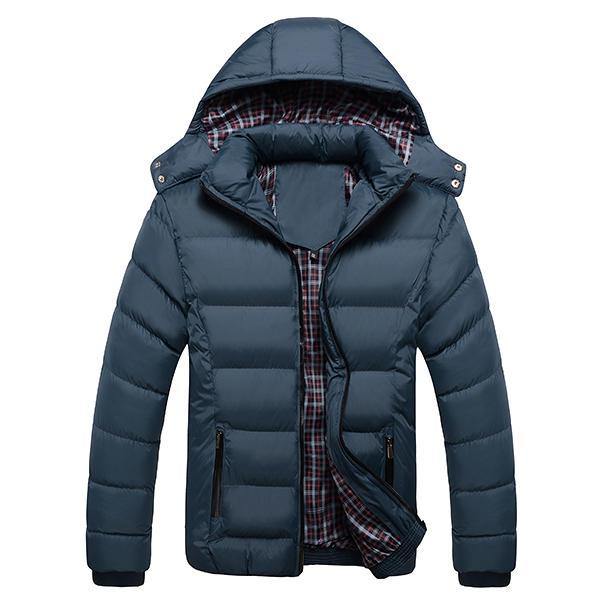 Mens Thick Solid Color Winter Hooded Deatchable Coat Slim Warm Jacket - Trendha