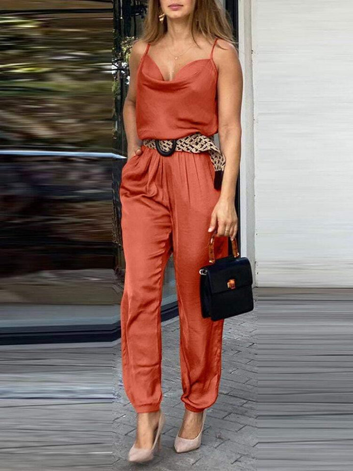 V-Neck Solid Pleats Sleeveless Jumpsuits For Women - Trendha