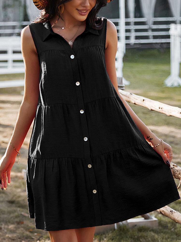 Solid Color Lapel Sleeveless Button Loose Casual Dress For Women - Trendha