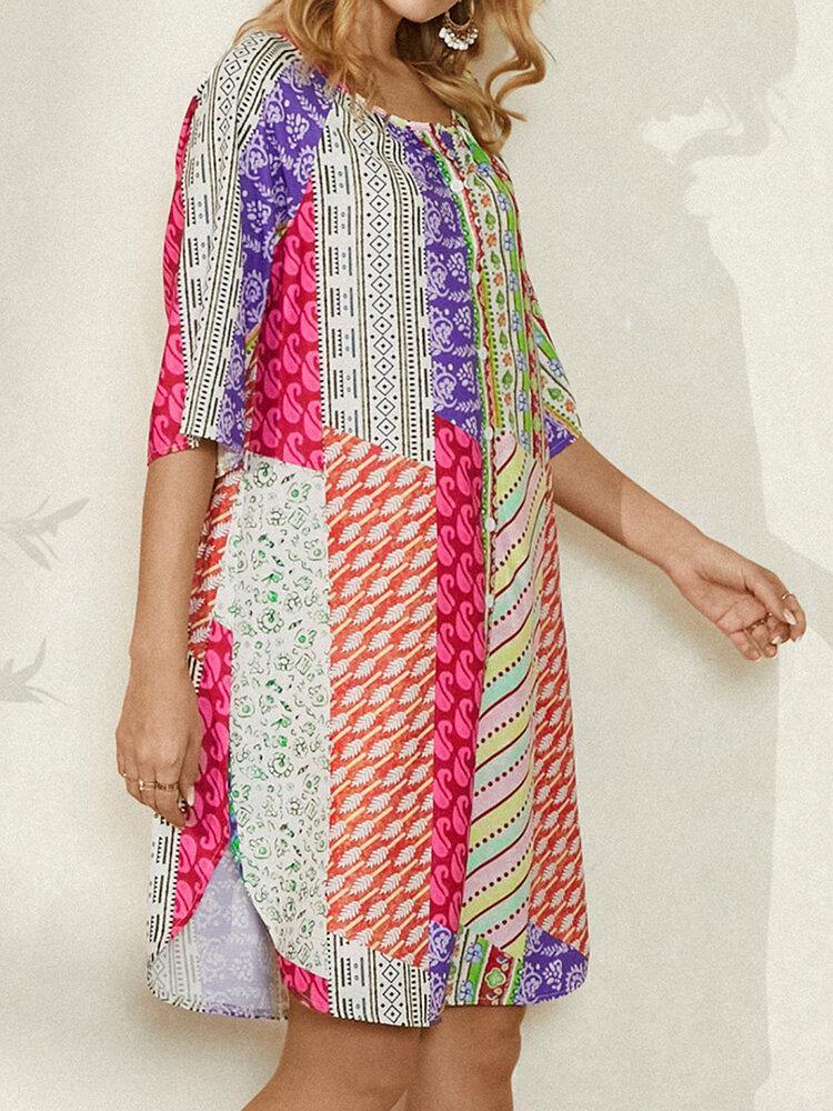 Women Abstract Colorblock Print Crew Neck Half Sleeve Ethnic Style Dress - Trendha