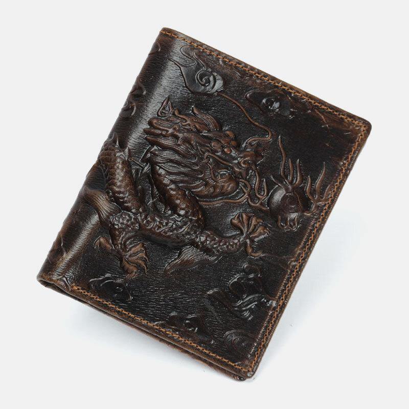 Men Genuine Leather 3D Dragon Pattern Retro Fashion Leather Card Holder Wallet - Trendha