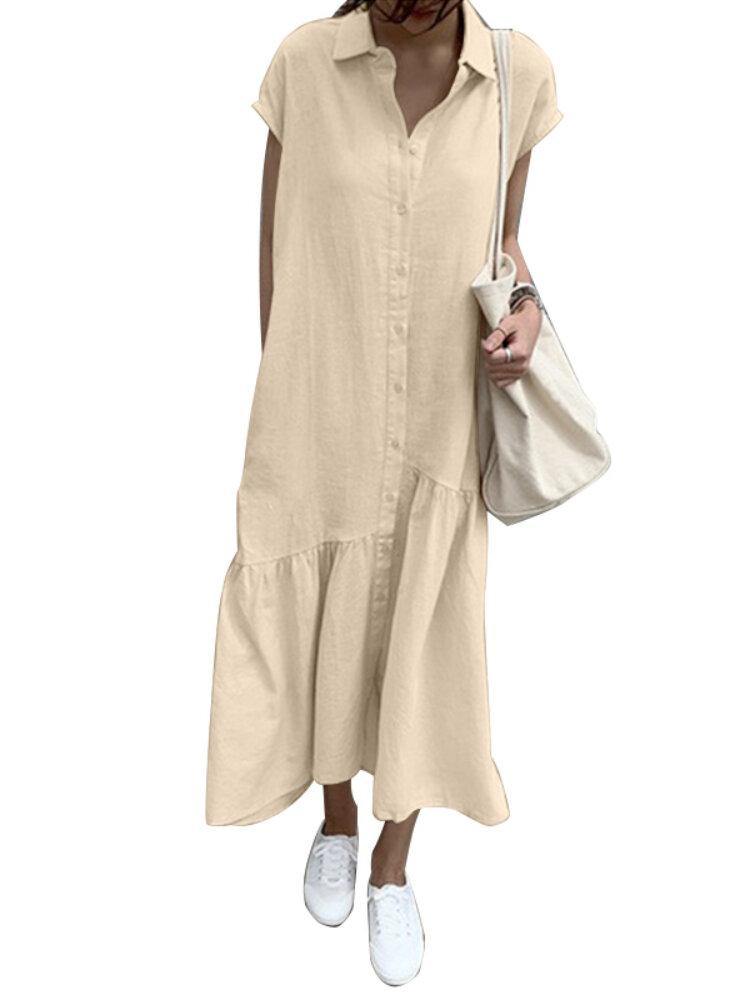 100% Cotton Solid Ruffles Hem Casual Bohemian Dress For Women - Trendha