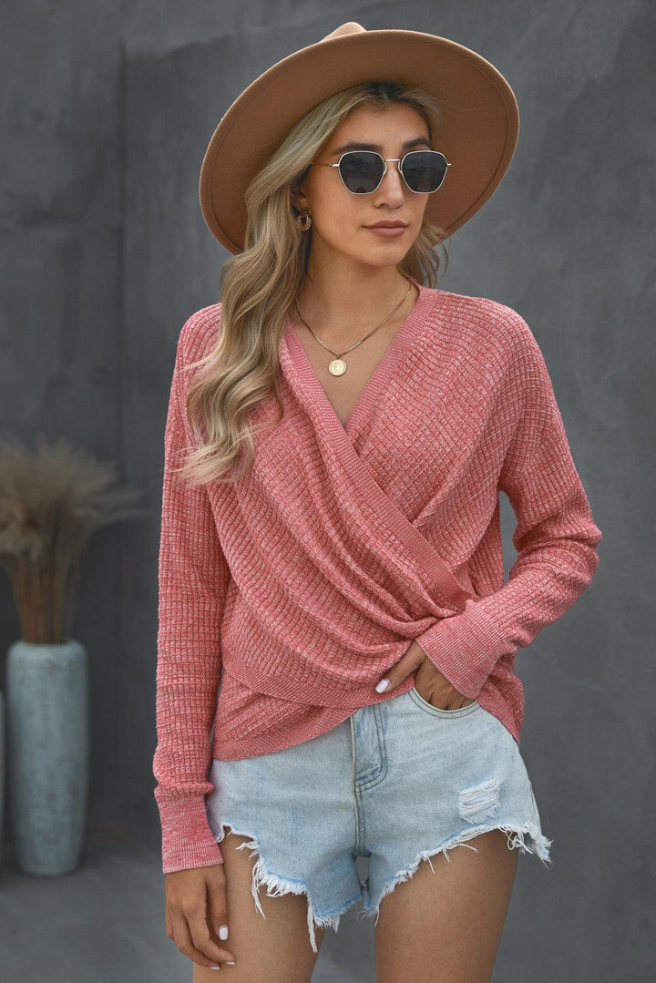 V Neck Wrap Front Knitted Top - Trendha