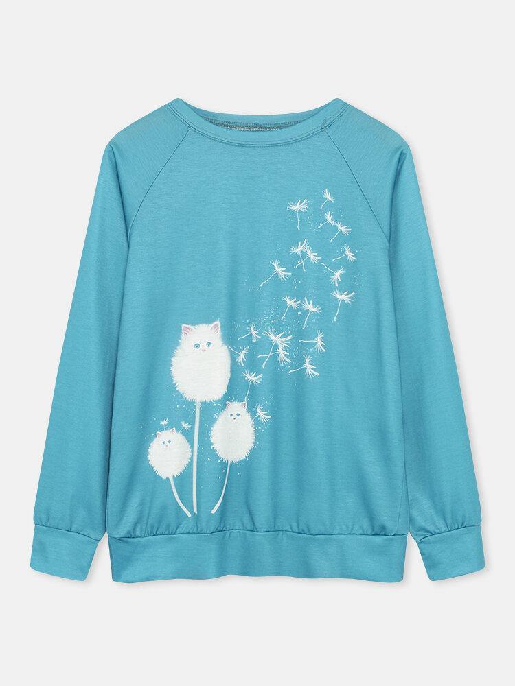 Women Cute Cat Dandelions Print Round Neck Long Sleeve Casual Sweatshirt - Trendha