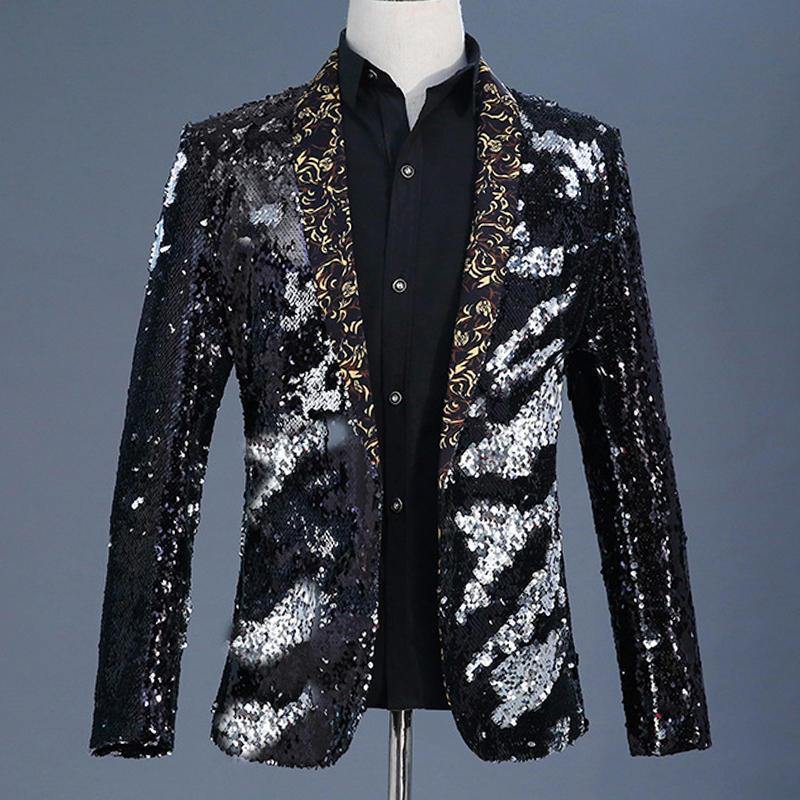 Mens Reversible Double Color Sequin Dress Suit Stage Wedding Floral Collar Casual Blazers - Trendha