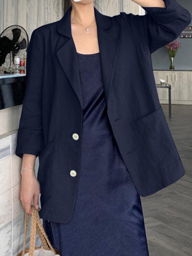 100% Cotton Solid Full Sleeve Lapel Loose Coat With Side Pockets For Women - Trendha