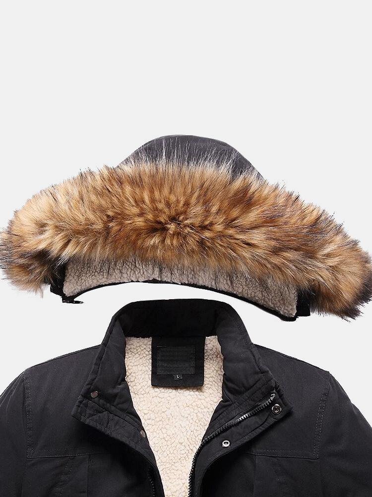 Mens Warm Solid Color Windproof Multi Pocket Detachable Faux Fur Collar Hooded Coat - Trendha