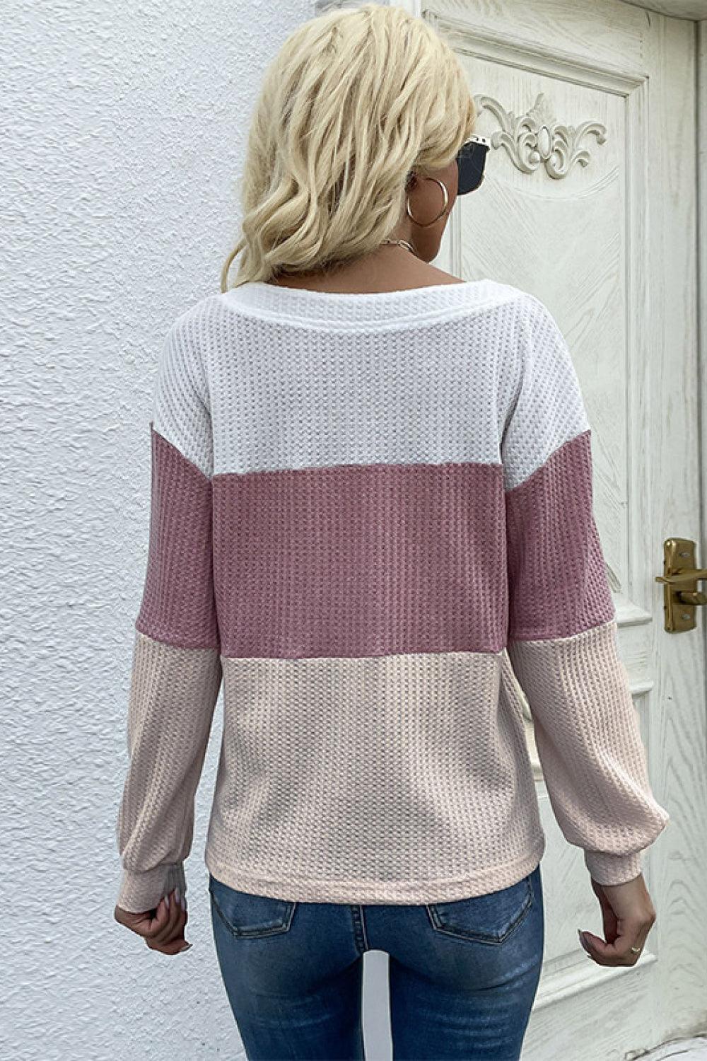 Color Block Waffle Knit Button Detail Top - Trendha