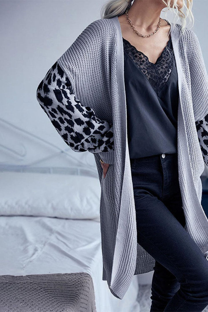 Leopard Sleeves Waffle Knit Open Front Cardigan - Trendha