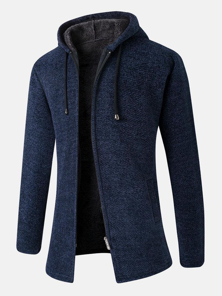 Mens Solid Color Warm Mid-Length Drawstring Hoodie Knitting Coat With ...