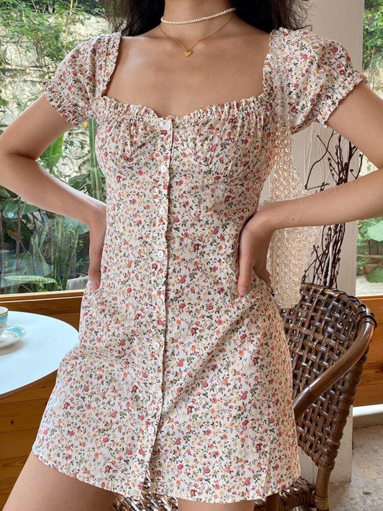 Floral Print Square Neck Button Short Sleeve Mini Dress - Trendha