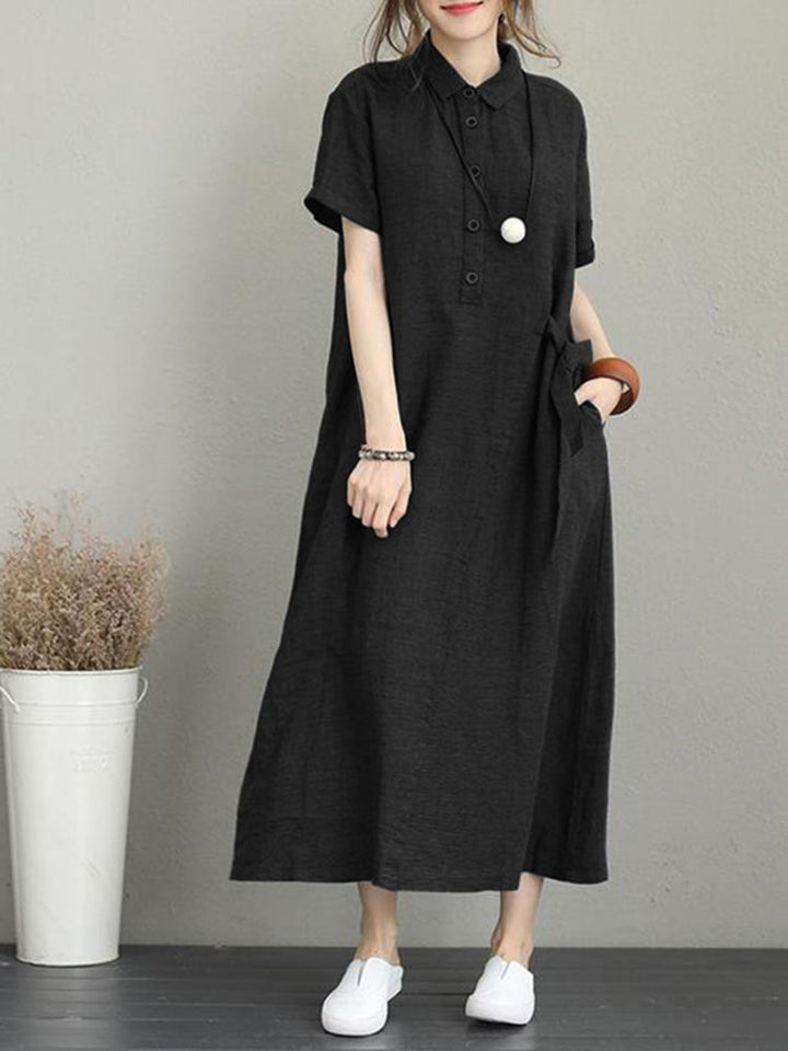 Women Casual Button Down Casual Loose Short Sleeve Dress with Pockets - Trendha