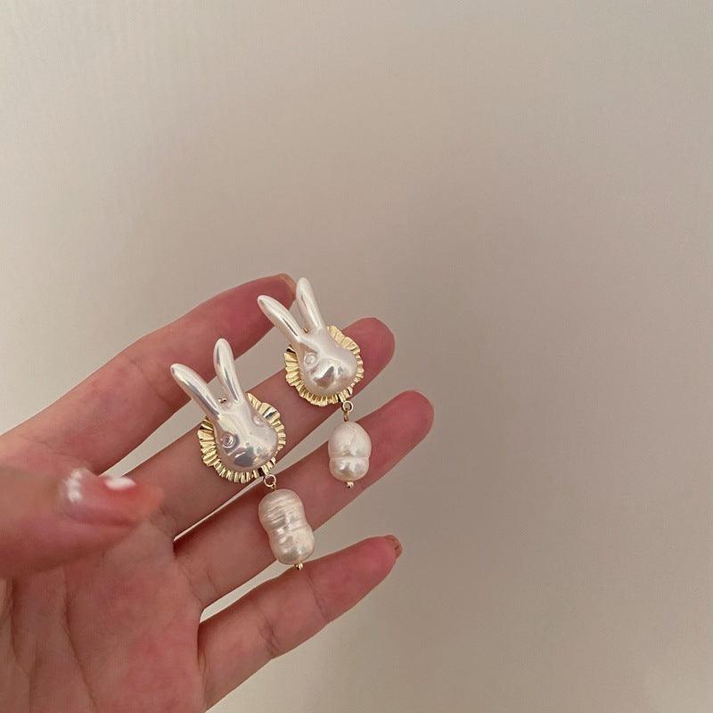925 Silver Needle Cute Pearl Bunny Baroque Pearl - Trendha