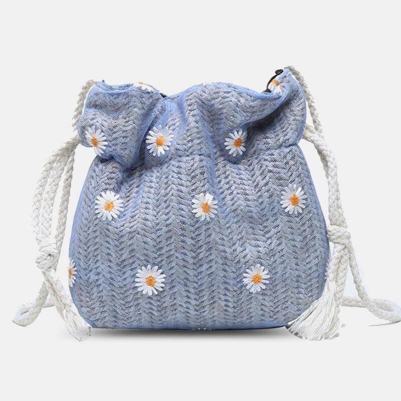 Women Straw Daisy Sunflower Pattern Print Casual String Lace Bag Beach Bag Bucket Bag Crossbody Bag Handbag - Trendha