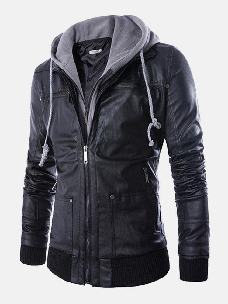 Mens Multi Pocket Zipper Hoodede Leather Motorcycle Jacket - Trendha