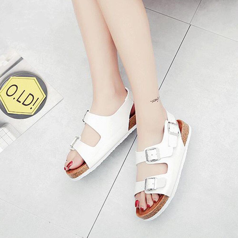 Women Casual Solid Color Dual Buckle Strap Slingback Beach Cork Sandals - Trendha