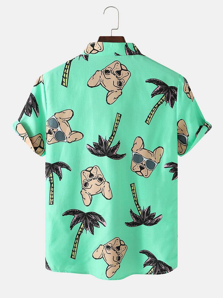 Mens Hawaii Holiday Cartoon Dog & Coconut Tree Print Shirts - Trendha