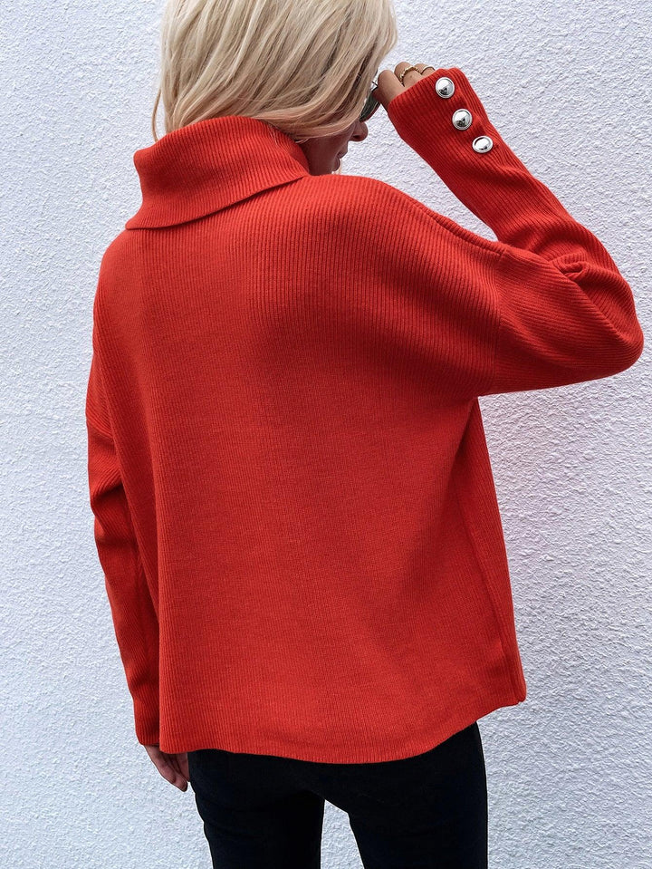 Button Detail Rib-Knit Turtleneck Sweater - Trendha