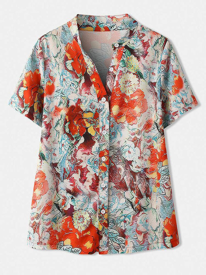 Calico Print Short Sleeve Stand Collar Button Blouse For Women - Trendha
