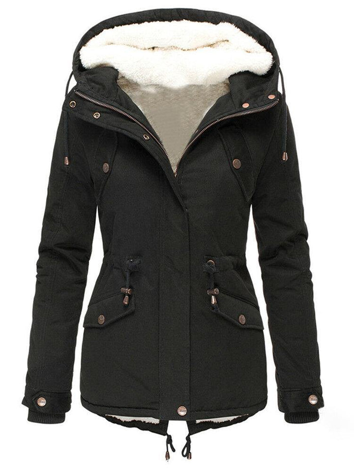 Women Solid Color Warm Fleece Lined Hooded Coats With Pocket - Trendha