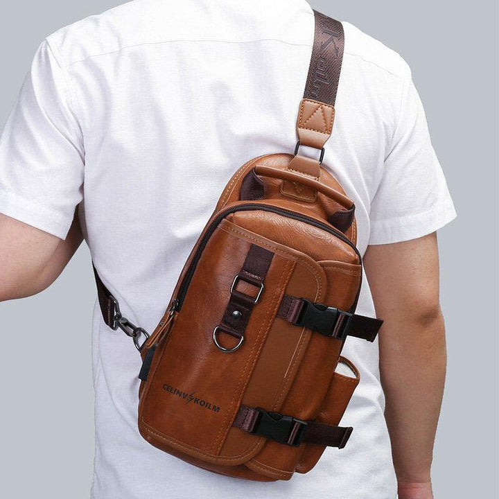 Men PU Leather Large Capacity Multifunction Headset Hole USB Charging Short Trip Sling Bags Crossbody Bag Chest Bag - Trendha