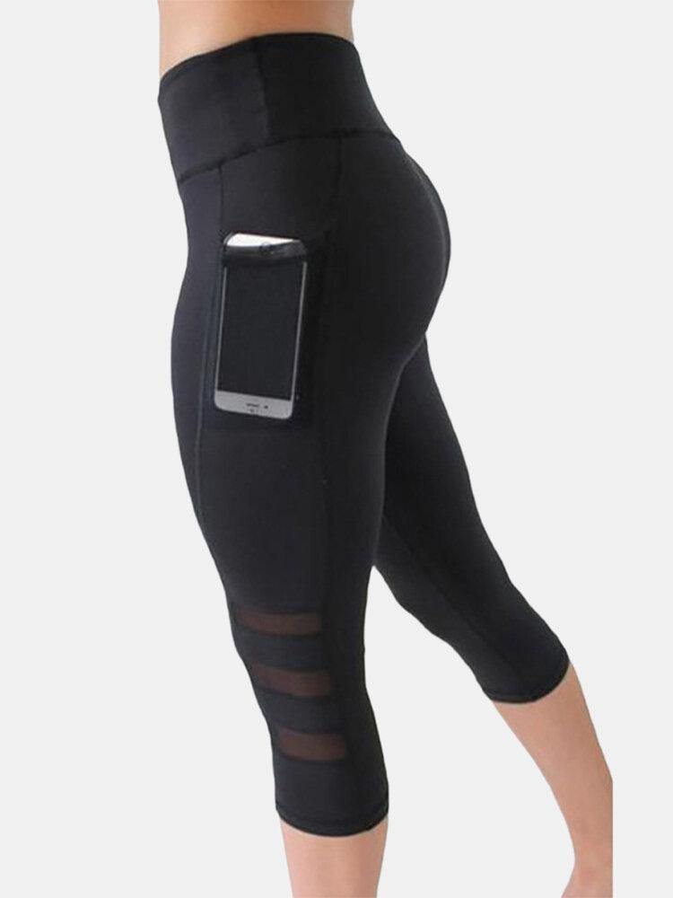 Women Mesh Patchwork Bodycon Cropped Yoga Sport Leggings With Pockets - Trendha